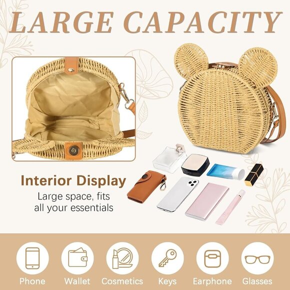 Handmade Round Rattan Straw Bag with Cute Mouse Ears - Stylish Crossbody Purse - Picture 4 of 9